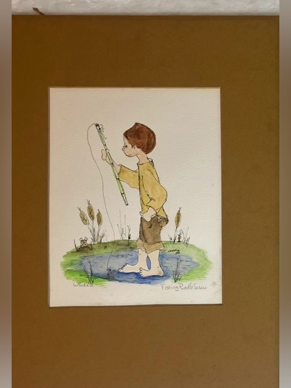 Vintage 1978 Watercolor Fishing Puddle By Woodall Boy Fishing In Pond 16x12